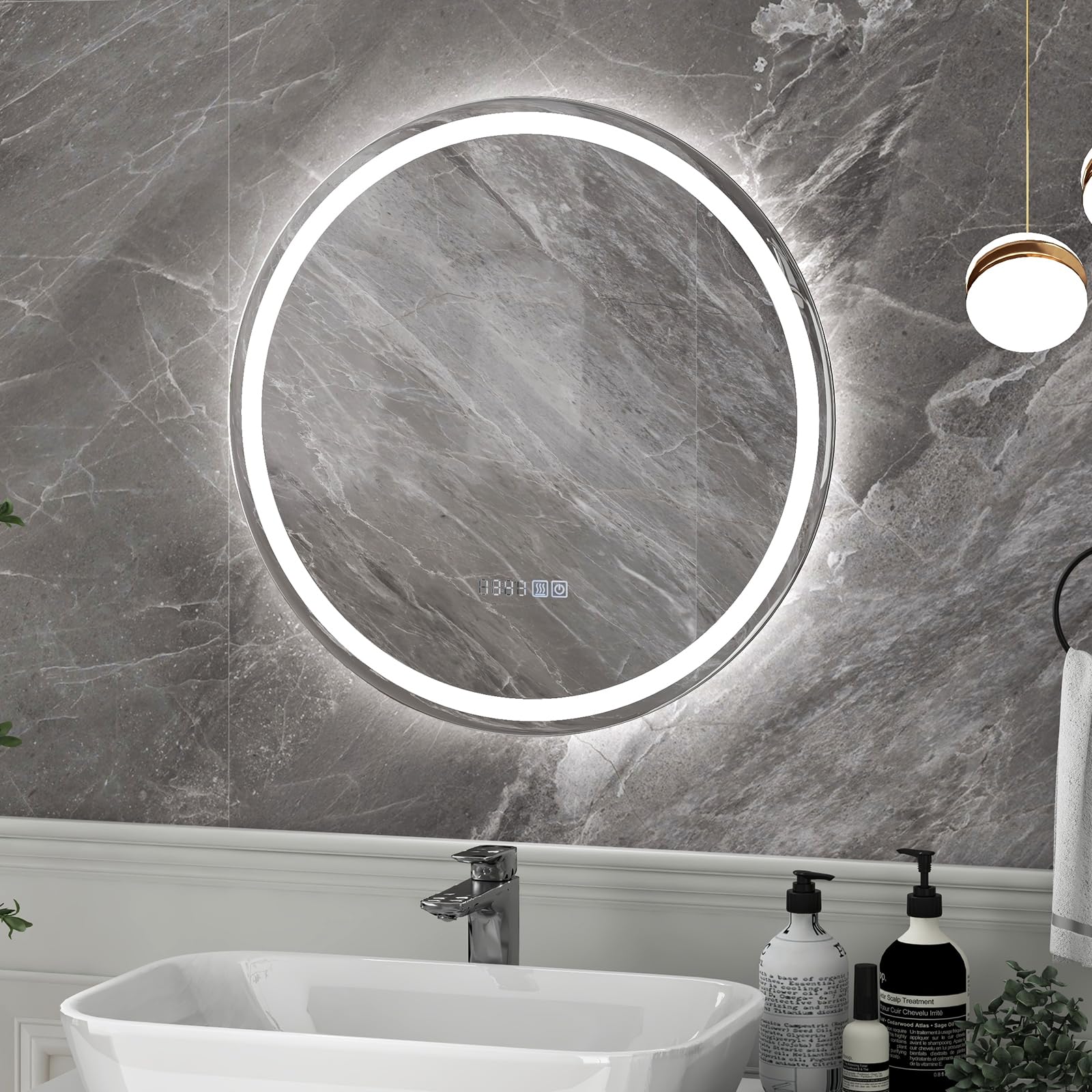 Miroir de salle de bain Tangkula à LED, miroir rond mural avec lumières à intensité variable 3 couleurs